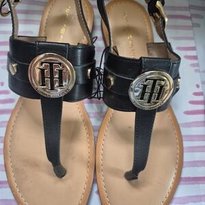 Tommy Hilfiger Black and Gold Women's Sandals